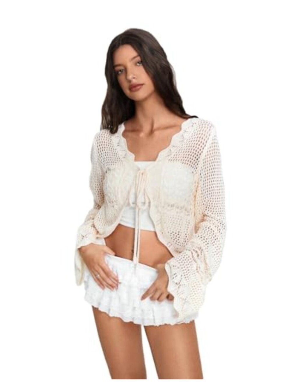 Knitted Hollow Out Tie Front Cropped Cardigan Bolero Shrug Scallop Trim